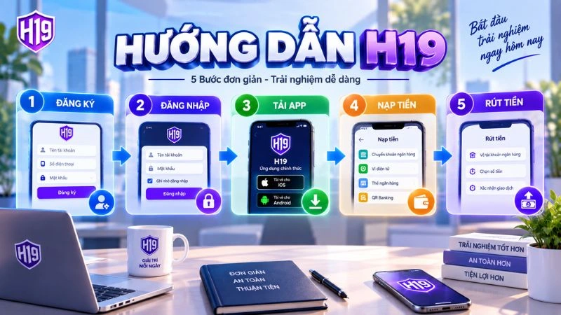Quy trình sử dụng H19 từ đăng ký, đăng nhập, tải app đến nạp và rút tiền